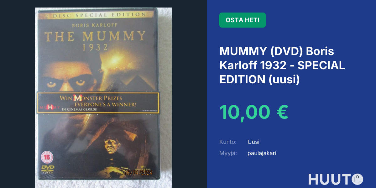 MUMMY (DVD) Boris Karloff 1932 - SPECIAL EDITION (uusi) | Huuto.net